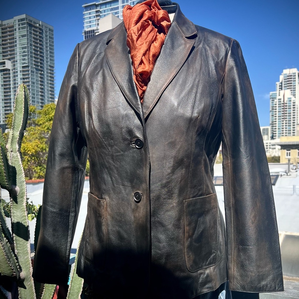 Distressed Leather Jacket Blazer XL
